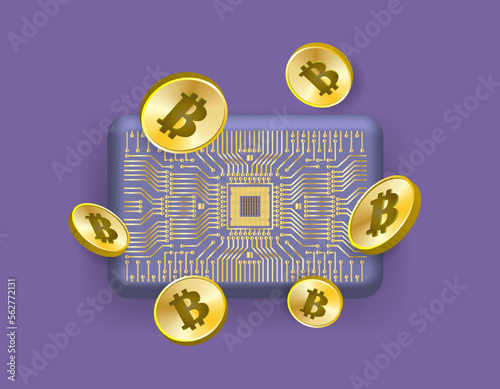 Vector 3d set of gold tokens, bitcoin in different projections. Financial sample icons with computer chip.
