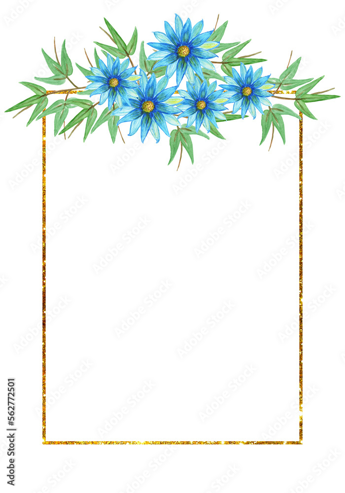 Obraz premium Golden frame with tropical flowers painted in watercolor. Flowers frame with golden lines and set of elements.