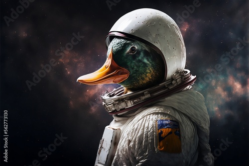 Funny Duck in a spacesuit in the galaxy, Stylized drawing, fashionista on a colored background, Generative ai 