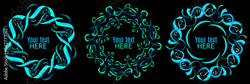 Set of hand painted vector circle blue frame borders. Abstract round design element on black background