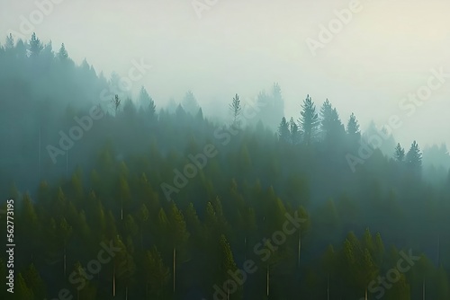 Forest landscape, foggy forest., aerial view. Generative ai