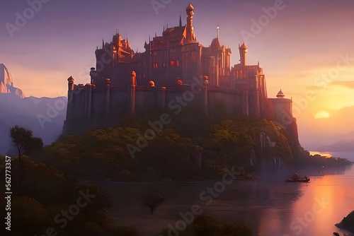Fantasy castle by river at sunset, landscape in summer, Generative AI