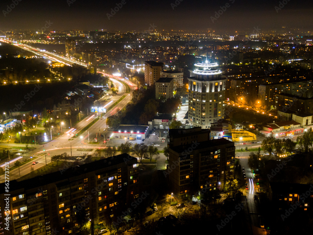Aerial view of Bishkek city at night