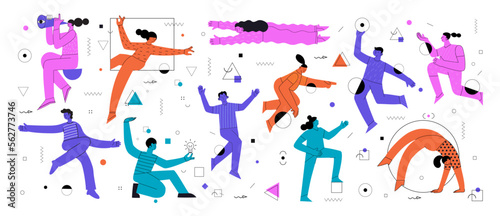 Creative team creating new, building abstract structure, working under corporate project. Business and creativity process, teamwork concept. Flat vector illustration