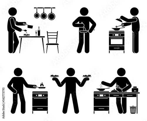 Stick figure man cooking home kitchen vector illustration set. Stickman person getting ready for breakfast, lunch, dinner icon pictogram