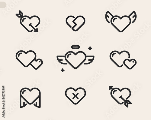 Heart icon set. Winged heart, broken and different feelings