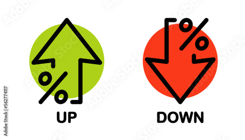 Percent with arrows up and down. Arrow with percentage icon. Increasing and reduction percentage. Growing and decline percent. Element for business, banking, credit, interest rate, finance sphere