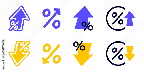 Percent with arrows up and down. Arrow with percentage icon. Increasing and reduction percentage. Growing and decline percent. Element for business, banking, credit, interest rate, finance sphere