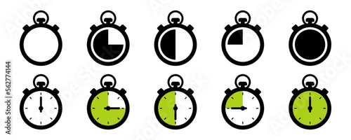 Timer and stopwatch vector icons set. Countdown timer vector icons. Time management. Deadline, punctuality and time management and optimization Countdown 5, 10, 20, 30, 60 minutes. Vector illustration