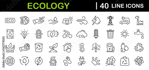 Ecology and Environment set of web icons in line style. Ecology and Energy icons. Eco friendly. Electric car, global warming, renewable energy, organic farming. Vector illustration