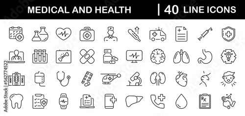Medicine and health set of web icons in line style. Medical icons for web and mobile app. Medicine and Health Care symbols. Emergency, medical equipment, RX, MRI, doctor, lab, virus, prescription
