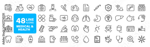 Medicine and health set of web icons in line style. Medical icons for web and mobile app. Medicine and Health Care symbols. Emergency, medical equipment, RX, MRI, doctor, lab, virus, prescription