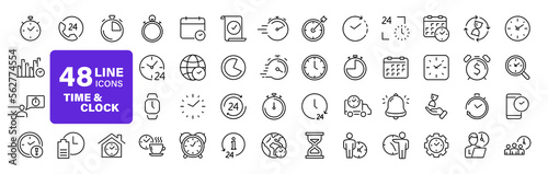 Time and Clock set of web icons in line style. Time management. Timer, Speed, Date, Countdown, Alarm, Recovery, Time, clock, watch, calendar simple icons for web and mobile app. Vector illustration