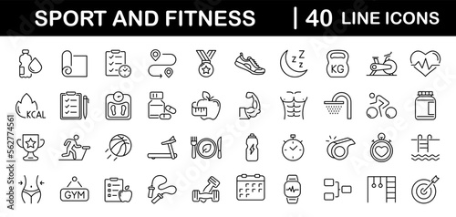 Sport and Fitness set of web icons in line style. Gym and health care. Healthy lifestyle icons. Nutrition and dieting, training, body care, healthy food, workout, muscle, weight and more