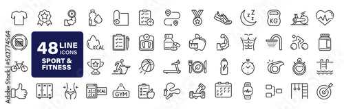 Sport and Fitness set of web icons in line style. Gym and health care. Healthy lifestyle icons. Nutrition and dieting, training, body care, healthy food, workout, muscle, weight and more