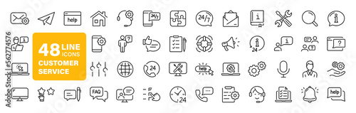 Customer service set of web icons in line style. Help and support. Support and service icons for web and mobile app. Online help, assistance, customer, 24 hrs, service and more. Vector illustration