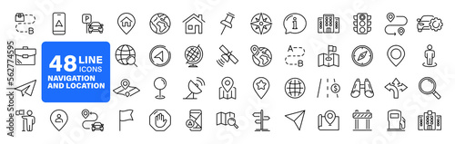 Navigation and location set of web icons in line style. Map location and navigation icons for web and mobile app. Map pin, GPS, compass, navigator, marker, map, pointer, traffic, travel, direction