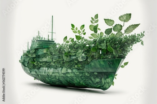 Generative AI blueprints of a miniature modern sustainable cargo ship made with green plants on a sea background