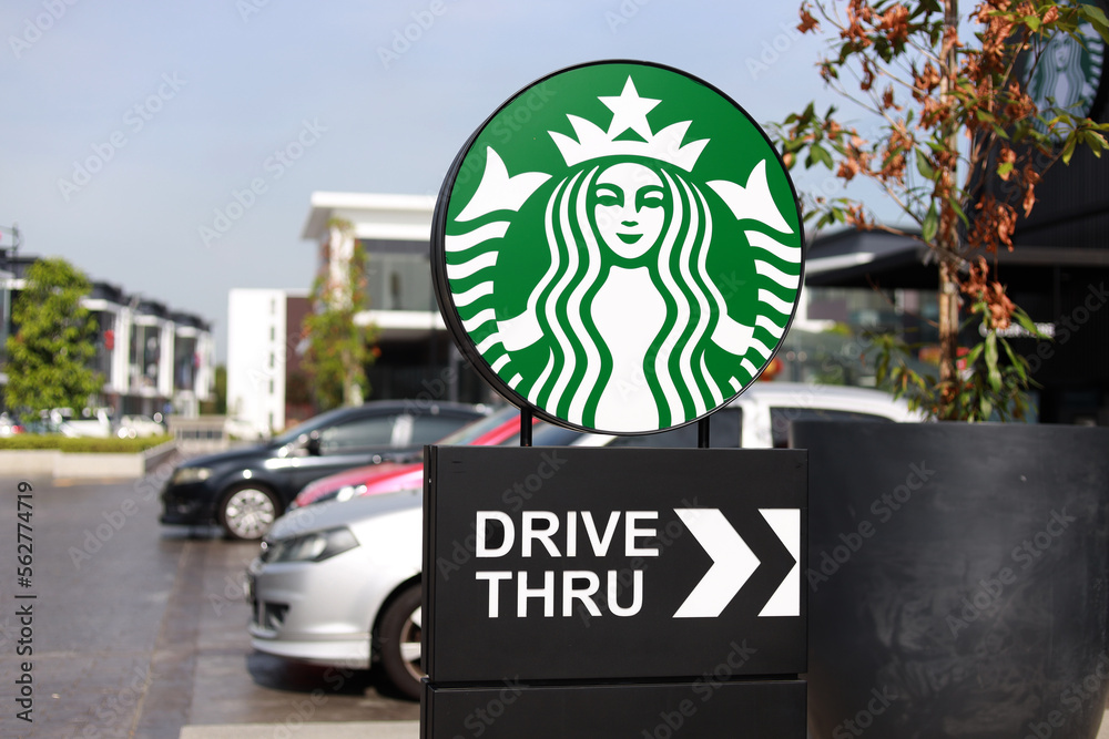 PENANG, MALAYSIA 18 JAN 2023 Starbucks store drive thru sign close