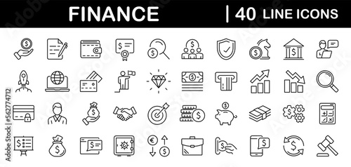 Finance set of web icons in line style. Money and Payment icons for web and mobile app. Money, payments, financial report, pay, banking, business, coin and more. Vector illustration