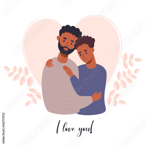 Happy black LGBT family.  Sweetheart ethnic gay couple hugging. Vector illustration. Flat cartoon style valentine card I love you with romantic Homosexual man couple, LGBT pride.