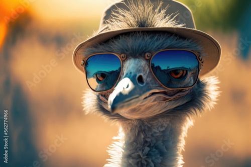 Cool emu bird with sunglasses and hat - Generative AI photo