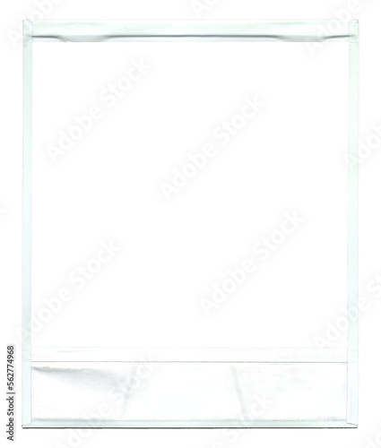 The dirty white frame of an old instant photo (like those produced by the obsolete Polaroid camera); isolated retro vintage item, empty blank interior.
