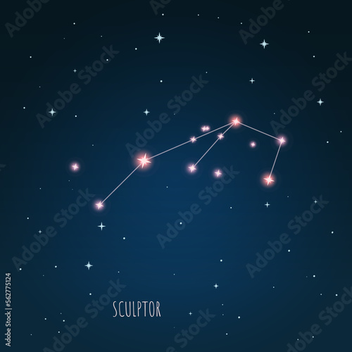 Constellation scheme in starry sky. Open space. Vector illustration Sculptor constellation through a telescope