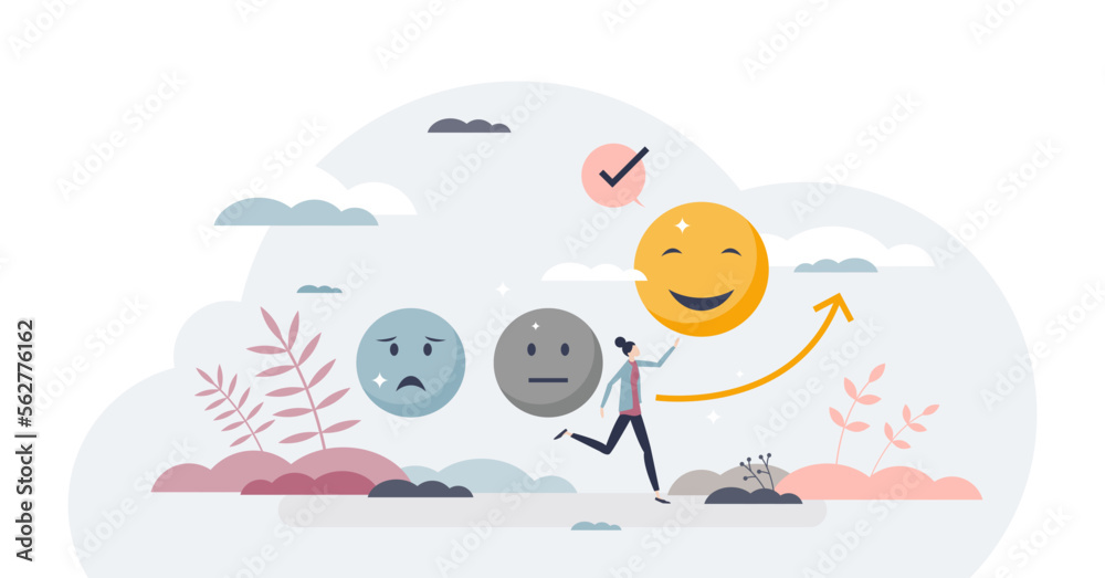 Positive psychology as focus on well being attitude tiny person concept, transparent background. Emotions and feelings improvement after psychological sessions and therapy treatment illustration. Positive psychology as focus on well being attitude tiny person concept, transparent background. Emotions and feelings improvement after psychological sessions and therapy treatment illustration.