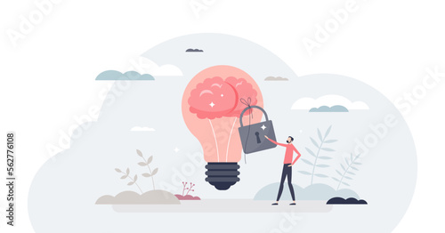 Intellectual property and legal copyright protection tiny person concept, transparent background.Patent protection for new innovations, ideas and patents illustration.