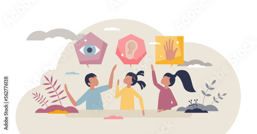 Learning styles with visual, writing, reading, kinesthetic and auditory methods tiny person concept, transparent background. Effective kids learning with personalized technique.