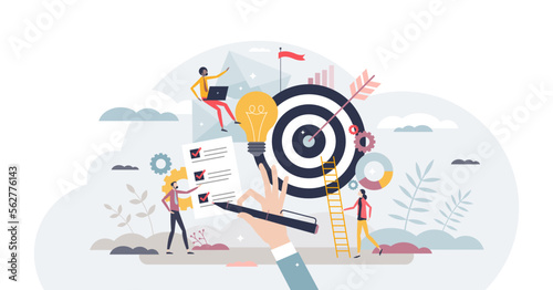 Objective achievement or business goal success management tiny person concept, transparent background. Aim and focus for work target illustration. Efficiency and ambition to accomplish perfect result.