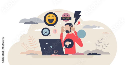 Online trolling and social media victim cruel bullying tiny person concept, transparent background. Psychological suffering from negative website comments and emotional frustration illustration.