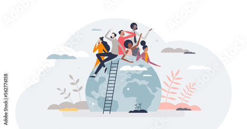 Population of the world with various ethnic groups tiny person concept, transparent background. Worldwide community and society characters with all culture and racial types illustration.