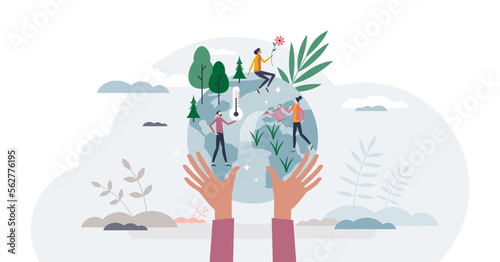 Save the planet and environment protection community tiny person concept, transparent background. Ecological lifestyle and vulnerable earth awareness or care illustration.