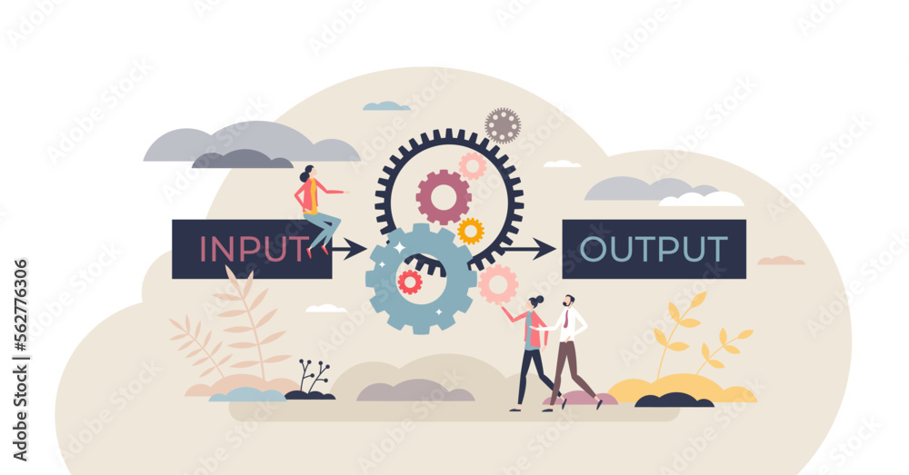 Algorithm data input and output process visualization tiny person concept, transparent background. Programming and coding set of rules for website automation and information management illustration. - obrazy, fototapety, plakaty 