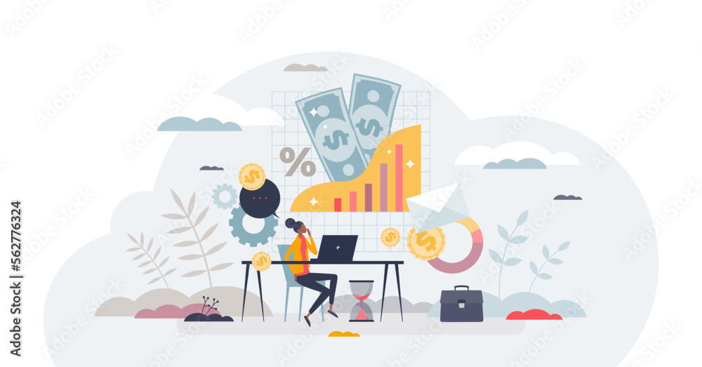 Bookkeeping and personal financial data management tiny person concept, transparent background. Annual tax money document analysis and income, expenses audit illustration.