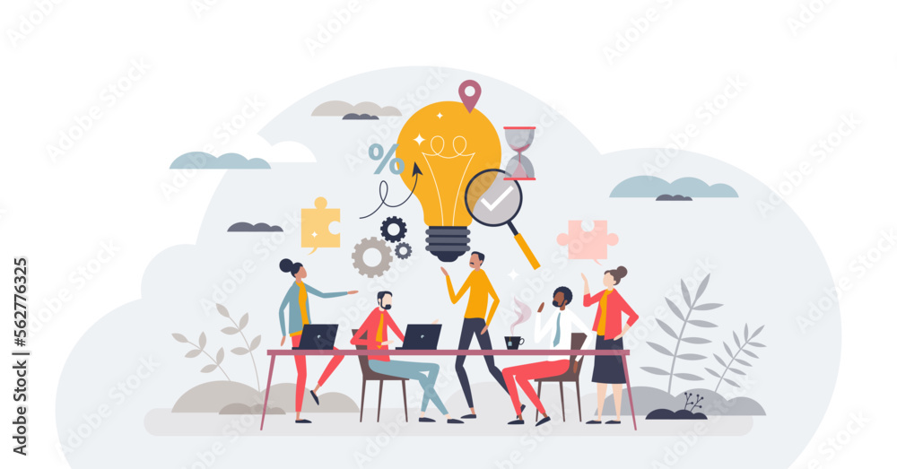 Brainstorming office team with new idea generating process tiny person concept, transparent background. Creative and innovative marketing discussion and conversation illustration.
