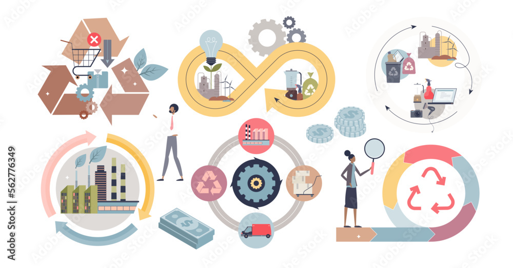 Fototapeta premium Circular economy set with sustainable resource consumption tiny person collection, transparent background. Economic recycling strategy and material usage management.