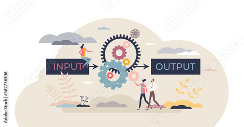 Algorithm data input and output process visualization tiny person concept, transparent background. Programming and coding set of rules for website automation and information management illustration. photo