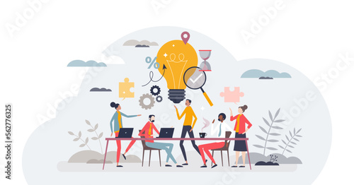 Brainstorming office team with new idea generating process tiny person concept, transparent background. Creative and innovative marketing discussion and conversation illustration.