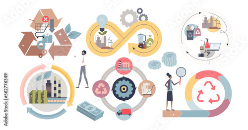 Circular economy set with sustainable resource consumption tiny person collection, transparent background. Economic recycling strategy and material usage management.