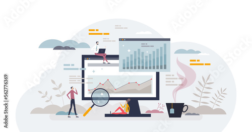 Data analytics with business information chart monitoring tiny person concept, transparent background. Infographic with statistical dashboard and future planning or research illustration.