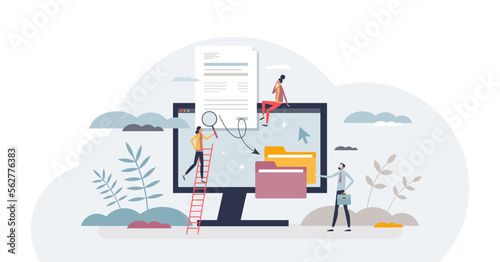Data entry jobs with information writing to digital files tiny person concept, transparent background. Database digitization from paper to computer illustration. Freelance clerk occupation.