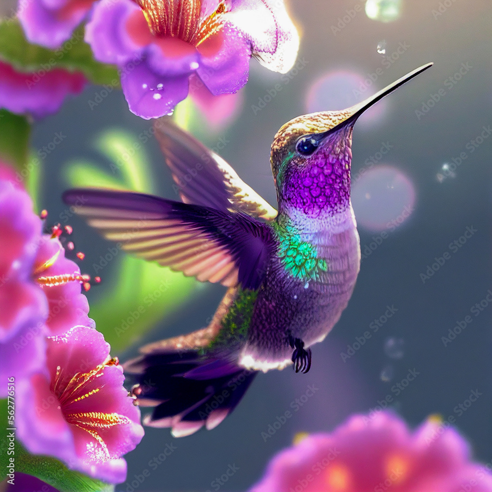 hummingbird feeding on flower, Generative AI Illustration