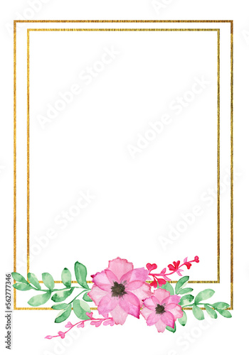 Golden frame with tropical flowers painted in watercolor. Flowers frame with golden lines and set of elements.