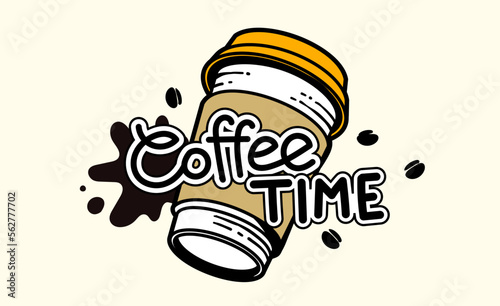 Vector illustration of coffee paper cup with word coffee time on light color background. Black and white line art style design of takeout cup