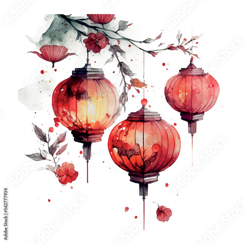 Chinese New Year festive vector card Design on watercolor background Chinese red lanterns