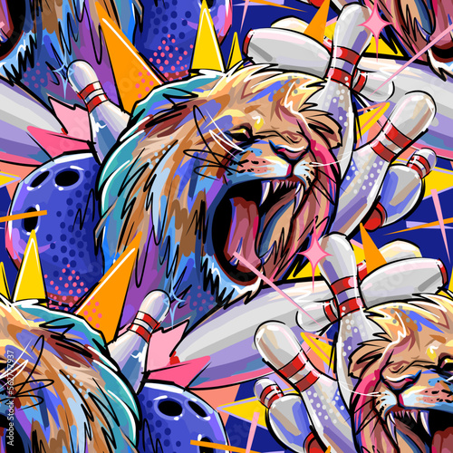 Growling lion among the pins knocked down by a bowling ball