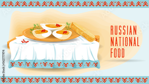 boiled eggs with red fish caviar on a wooden tray a towel with an ornament is a flat illustration of traditional food